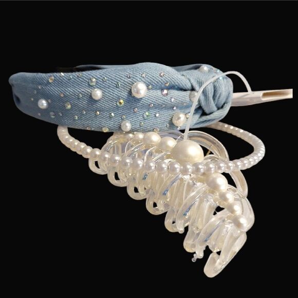 Embellished Pearl Denim Headbands And Clip Hair Accessories Bundle OF 3 NWT - Picture 11 of 14